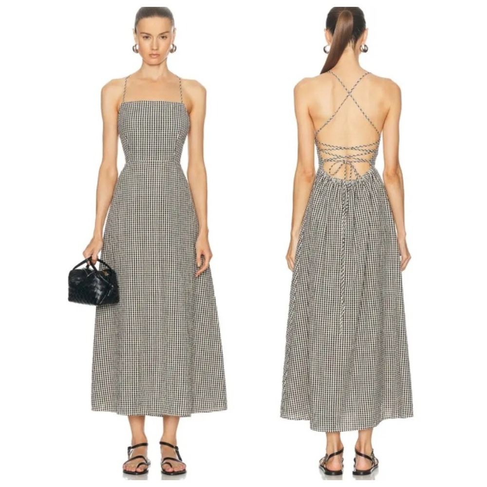 Posse Lori Dress Gingham Midi Dress XXS Black Cream Preppy Open Back